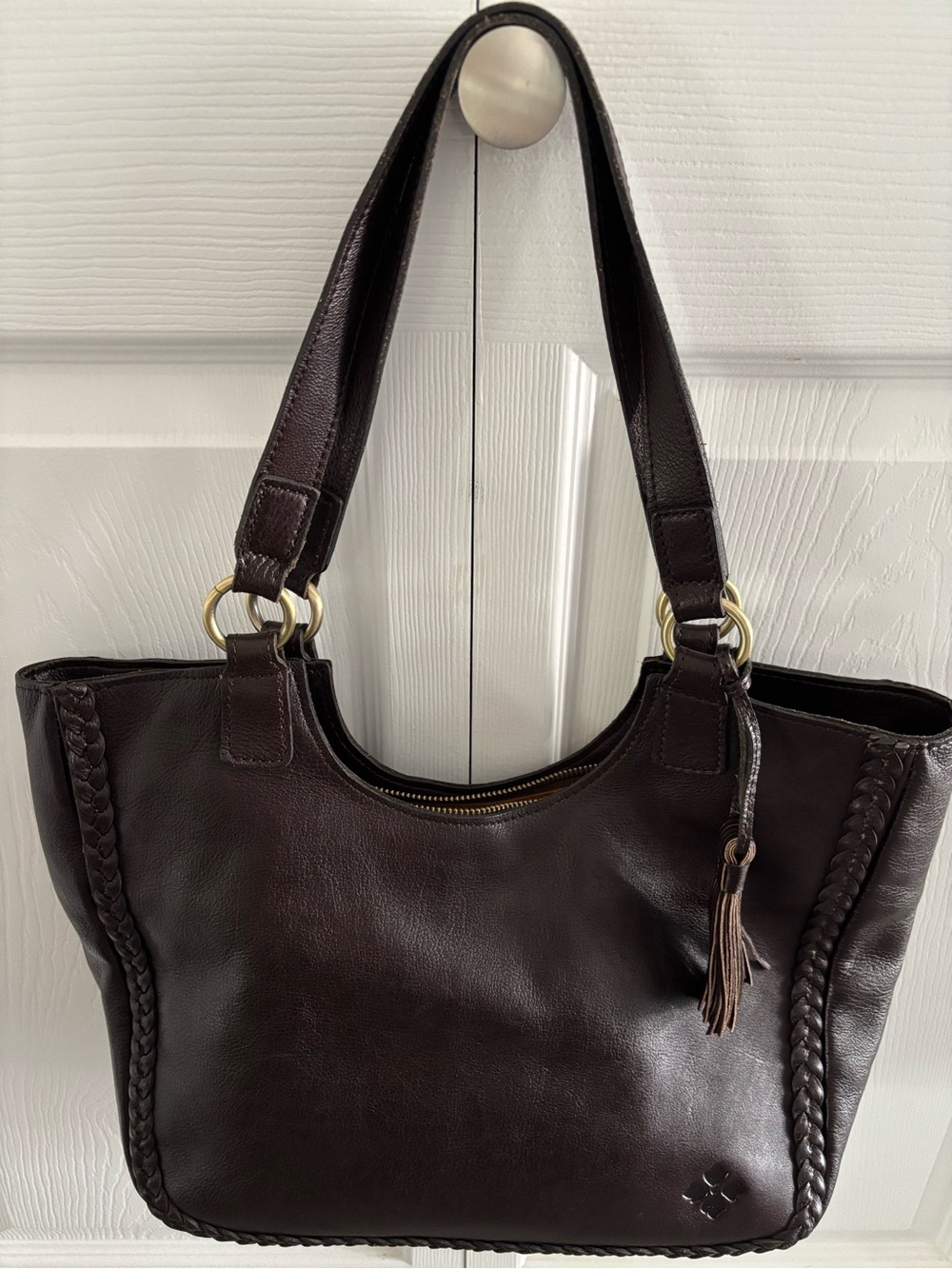 Dark Brown Leather Tote Handbag with Braided Trim